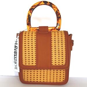 Bohemian Wicker Ratan Vegan Crossbody Handle Bag Woven PETA Approved Square Tan